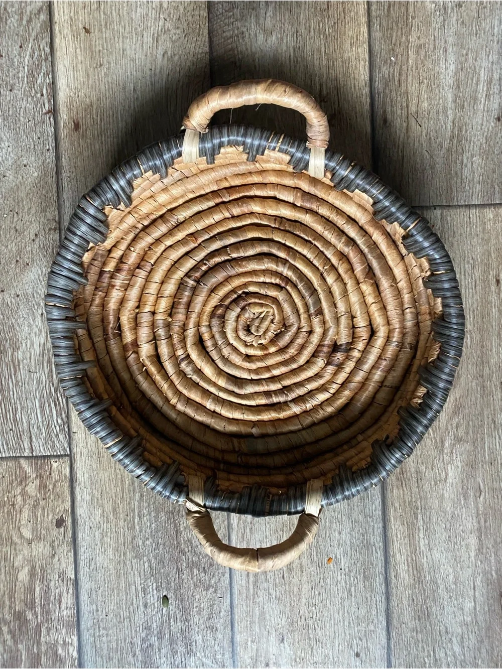 Vintage Handwoven Coiled Basket Tray with Handles – 14” Boho Decor Centerpiece